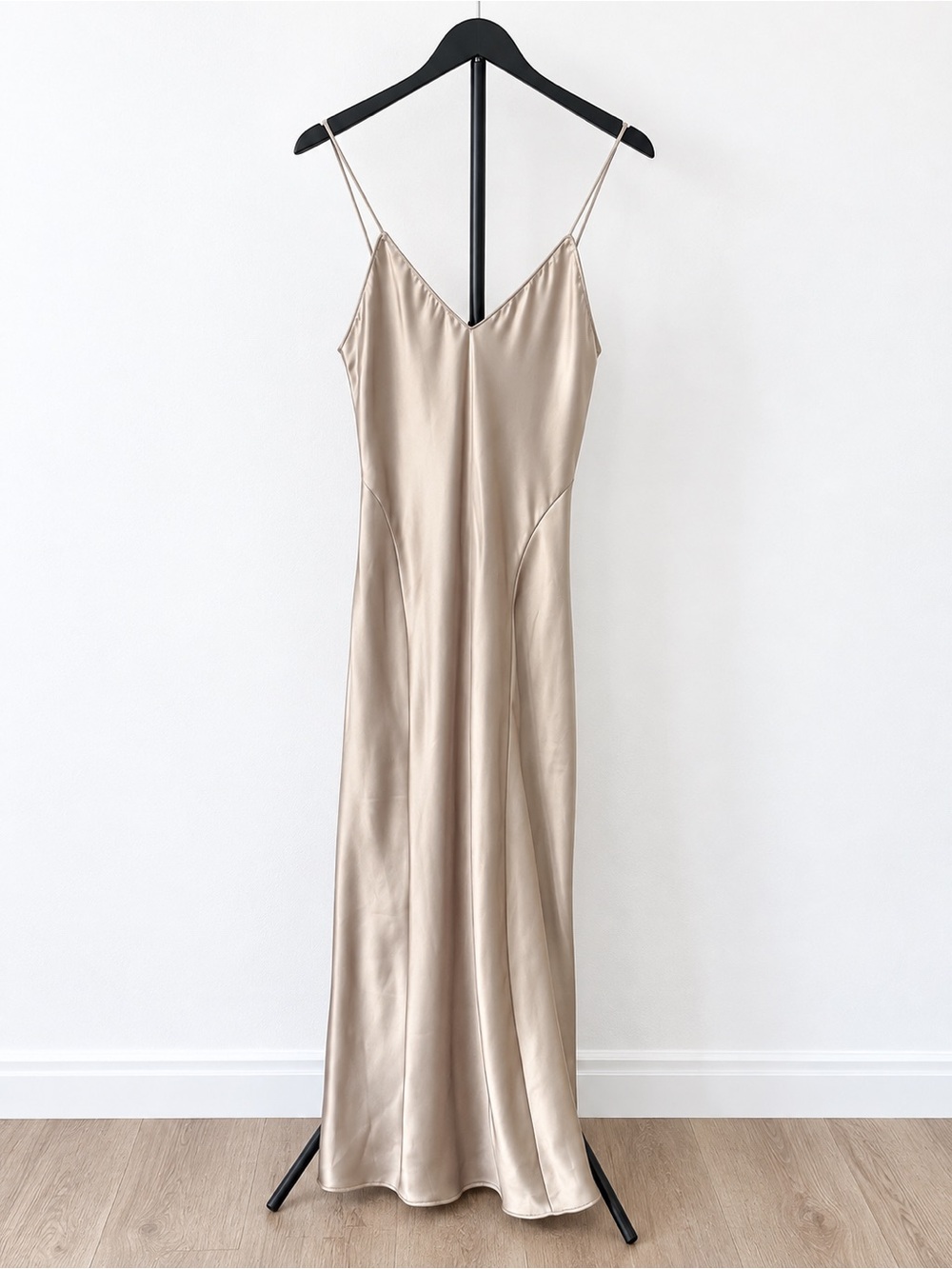 Silk-Feel Champagne Slip Dress with Spaghetti Straps